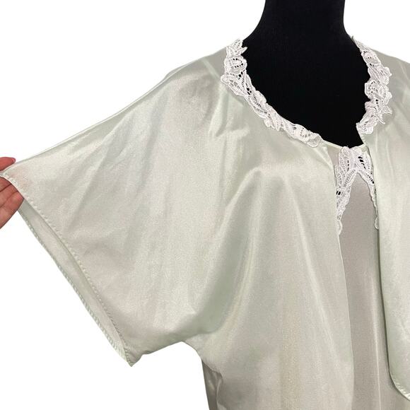 Vintage 80s Nylon Satin Slip Dress Peignoir Set Mint Green Lace Bed Jacket Sz S - Picture 6 of 13